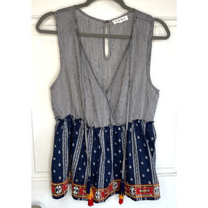 THML Women's Embroidered Babydoll Blouse Size M Sleeveless Coastal Boho Aztec